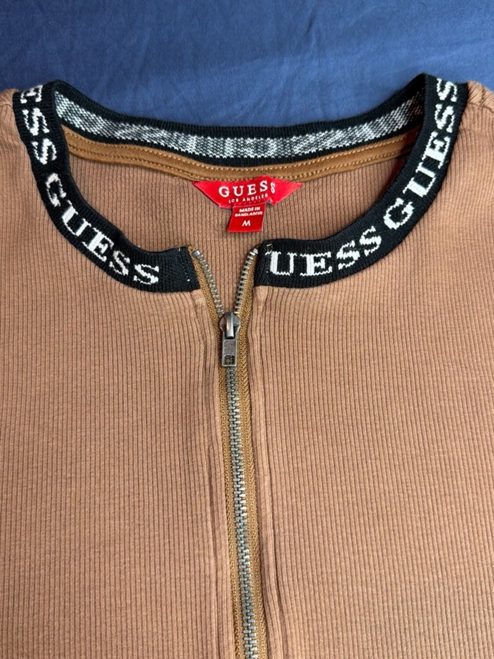 GUESS women  Tan Ribbed Zip-Up Sweater with Black Logo Collar
